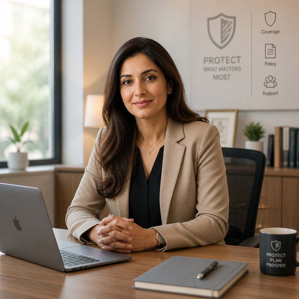 Professional headshot of the instructor in a friendly pose with a subtle insurance-themed background element featuring shield and document icons