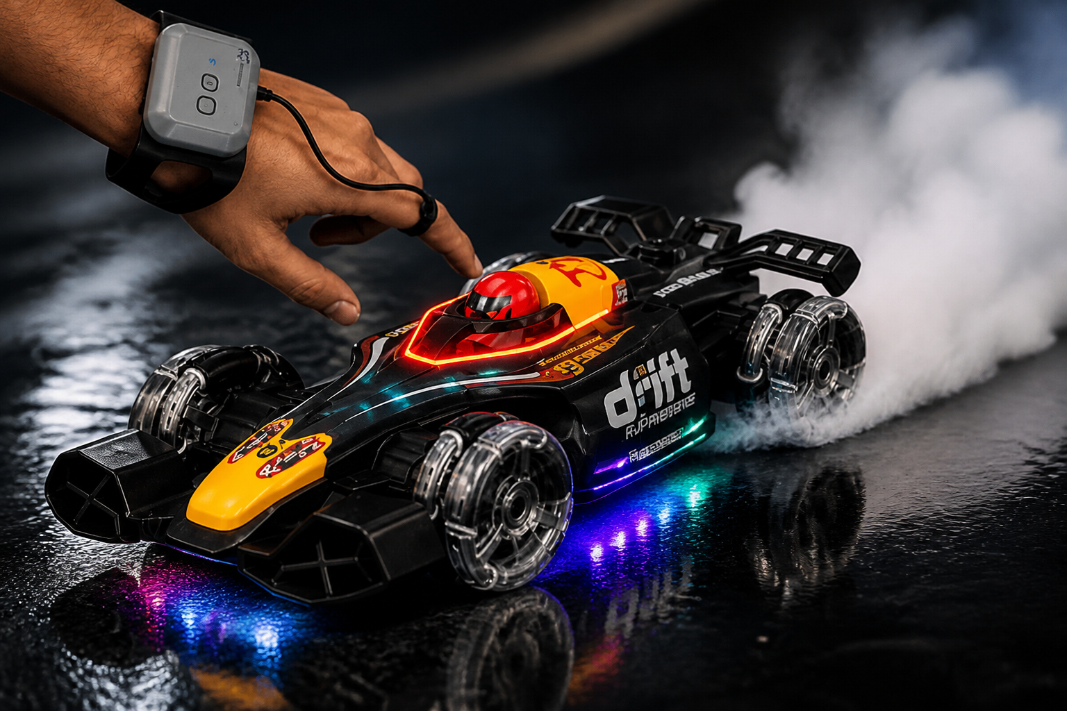 Dramatic low-angle action shot of the GRAPHENE RC car drifting sideways across a glossy black surface, thick white smoke plumes trailing behind the rear wheels, RGB underglow visible beneath the chassis