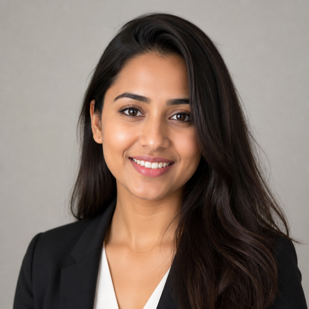 Warm portrait of a smiling South Asian woman in her thirties with shoulder-length dark hair, soft natural light, gentle expression, casual clothing, neutral indoor background
