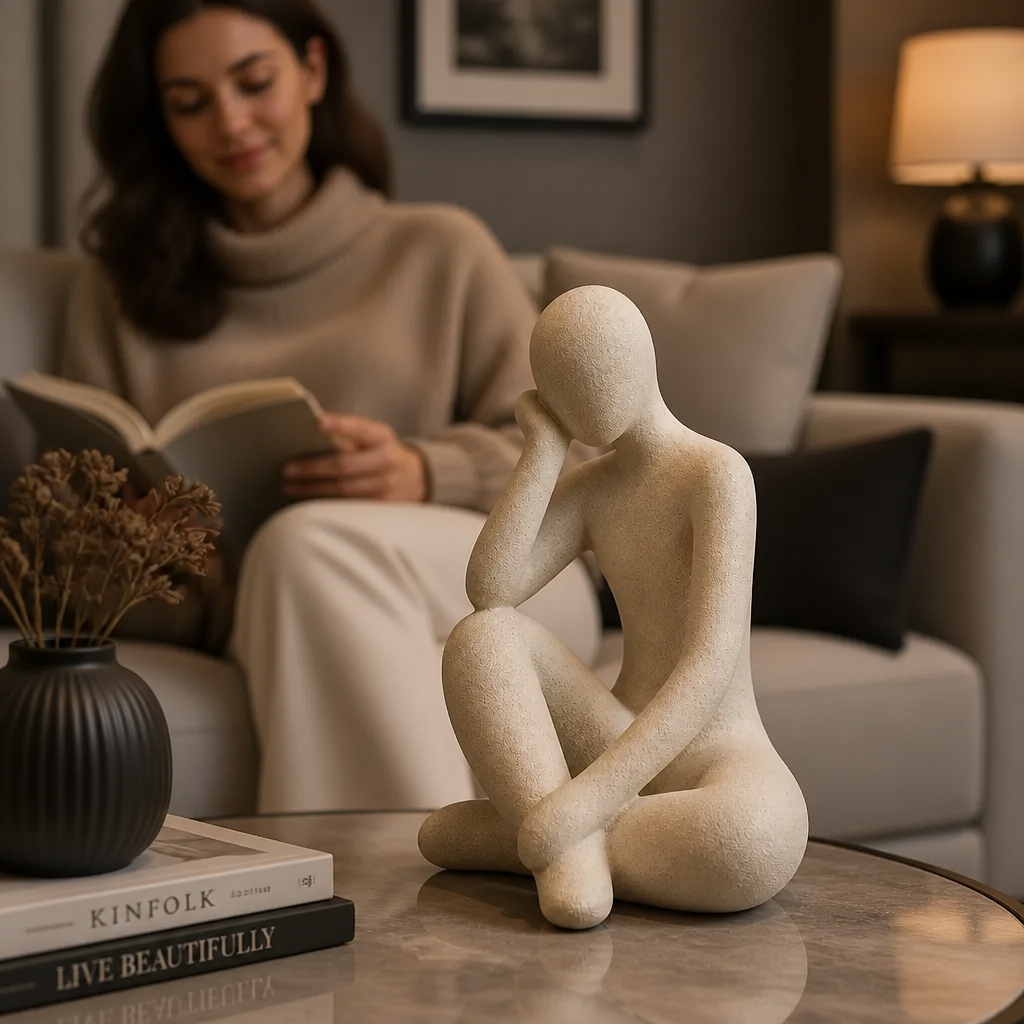 The same elegant living room featuring the Abstract Thought Thinker Accent Resin as a stunning centerpiece on the coffee table, warm ambient lighting highlighting the modern art piece