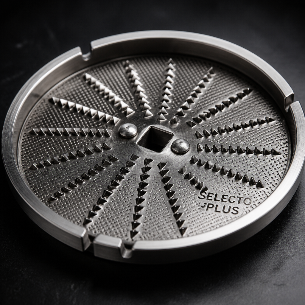 Macro editorial close-up of the Selecto Plus stainless steel juicing mesh with sharp cutting blades in crystal-clear detail, dramatic studio lighting on dark background