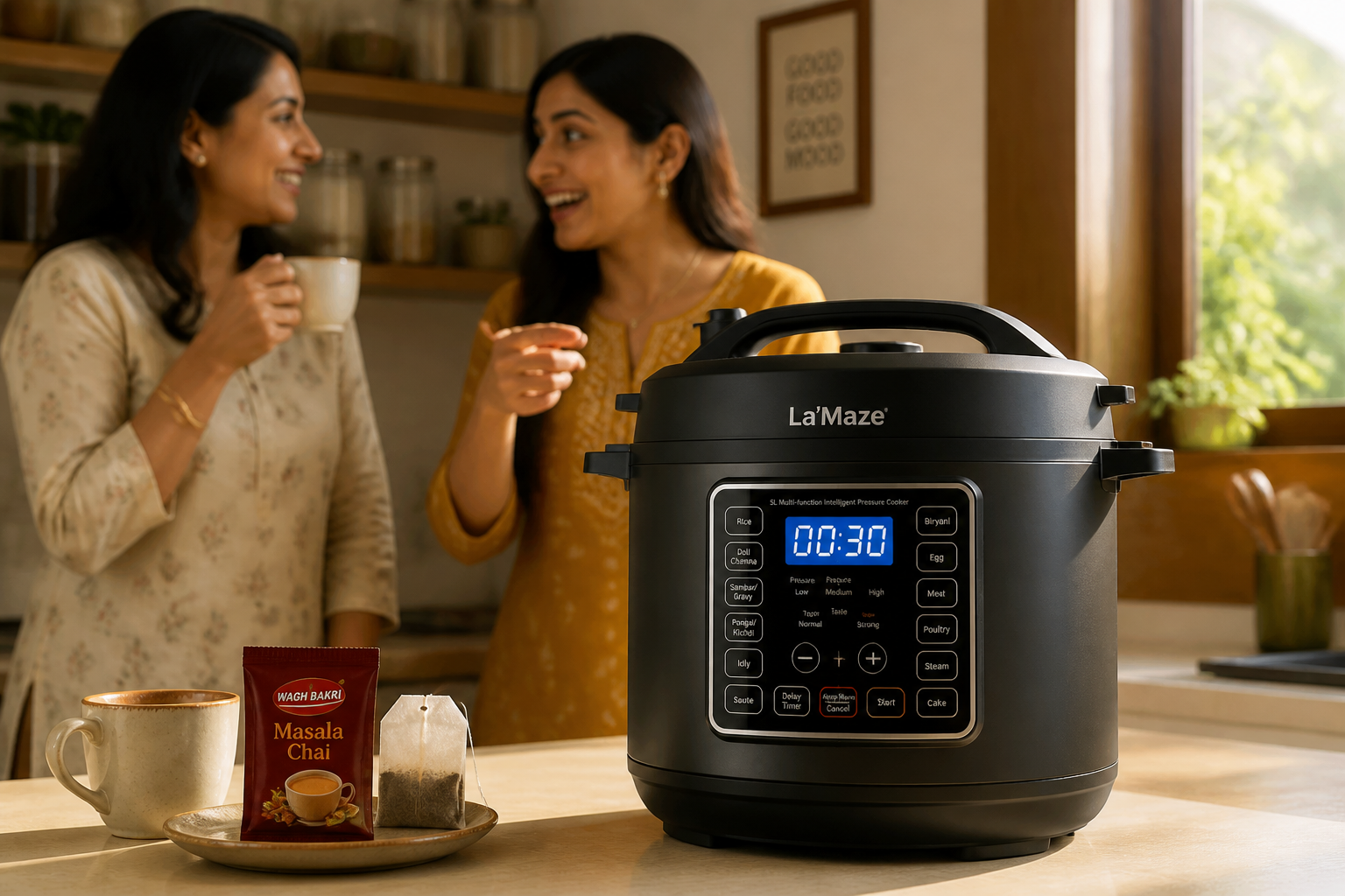 Bright sunlit morning kitchen with two Indian women chatting over chai, one pointing excitedly at a sleek La'Maze pressure cooker on a clean countertop, smiles and steam