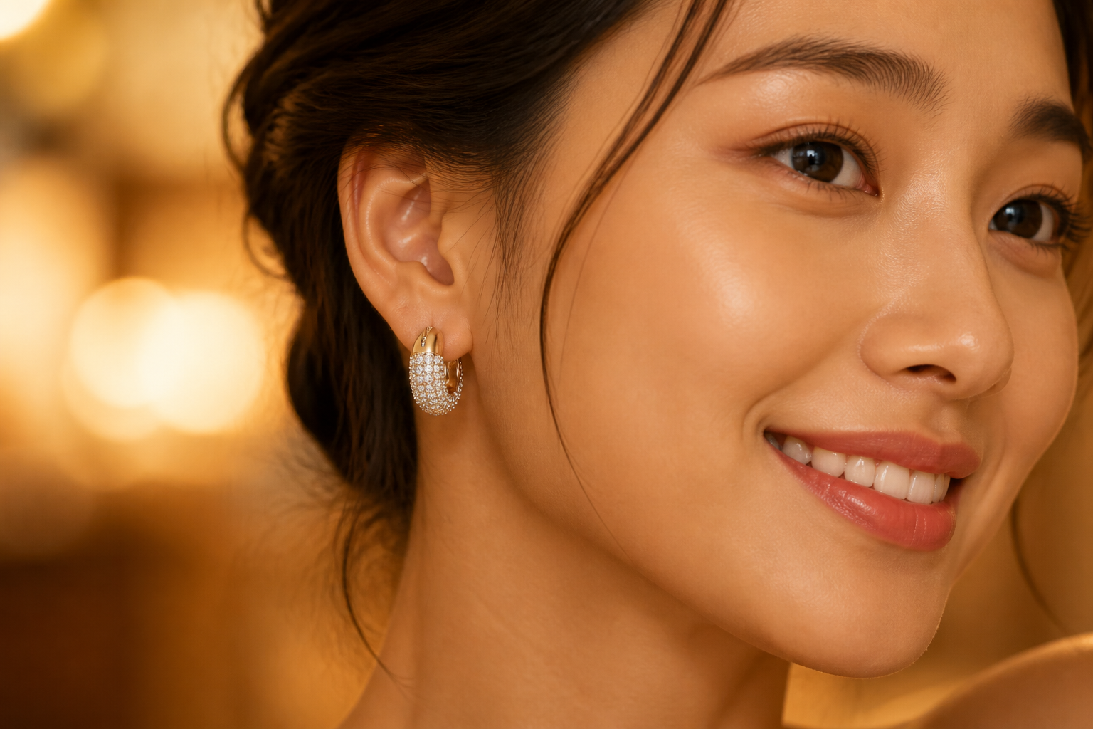 Final hero image of a young Asian woman smiling radiantly while wearing the Dextera hoop earrings in warm golden light, soft glowing bokeh background, premium editorial feel