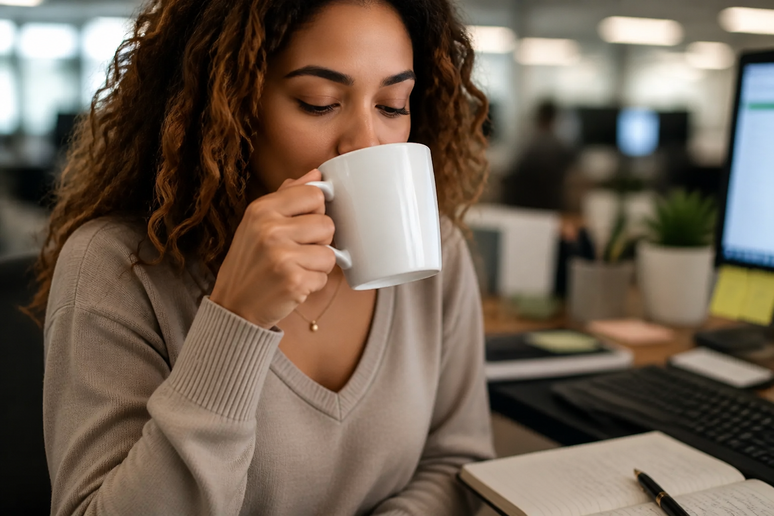 Busy morning office scene with the Radiator Mug beside a keyboard and notebook, person mid-sip, productive energy with soft overhead office lighting