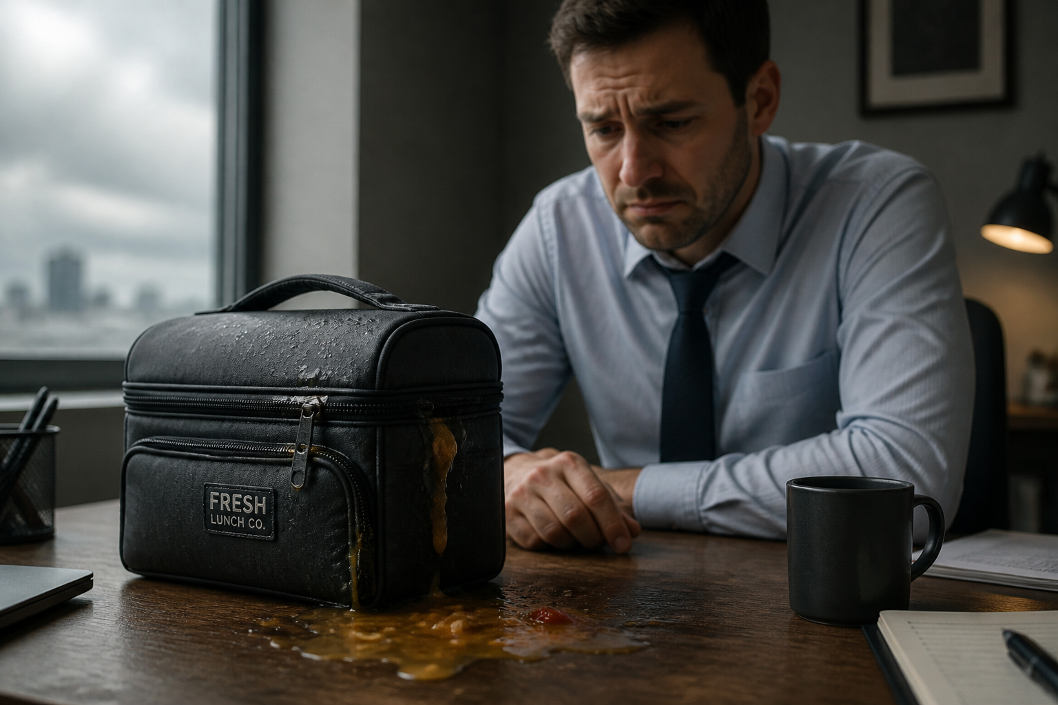 Moody cinematic shot of a tired office worker staring sadly at a messy leaking lunch bag on a wooden desk, soft gray overcast light from window