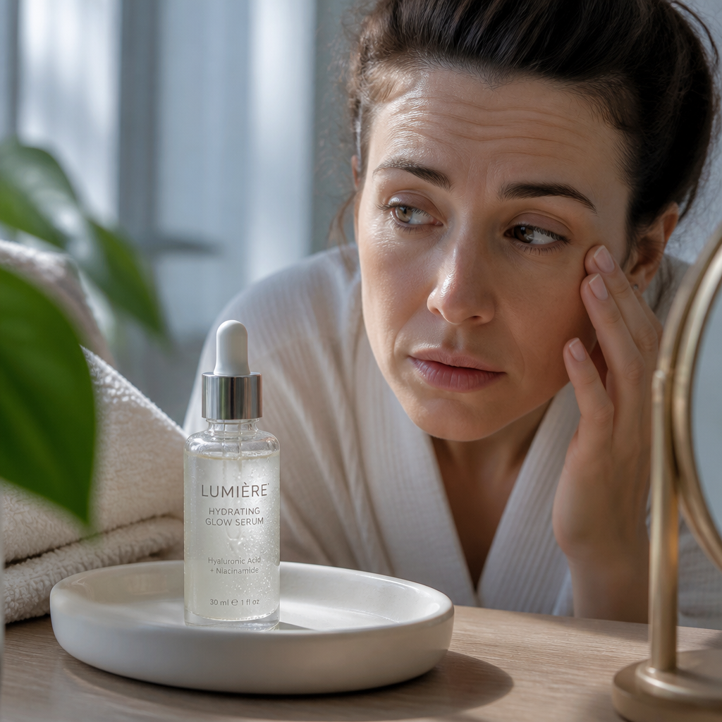 Close-up portrait of a tired woman pulling at fine lines under her eyes in soft cool morning light with a worried expression