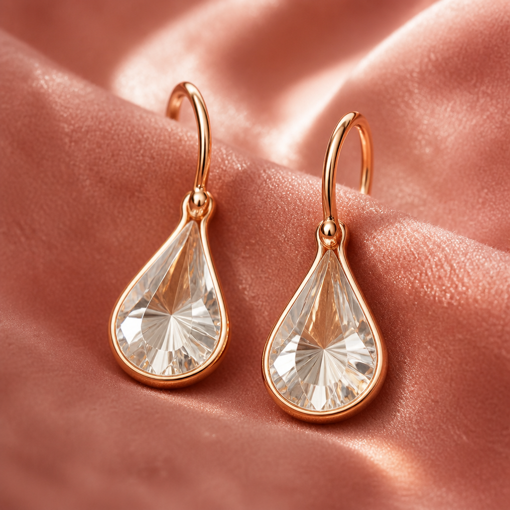 Final beauty shot of pink Lunar Drop earrings glowing on a soft rose velvet surface with warm directional light highlighting crystal facets