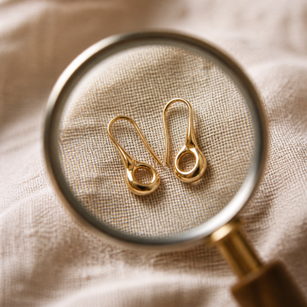 Macro photograph of Lumen Hooks earrings showing fine polished gold-plated finish under a small magnifying lens on linen fabric