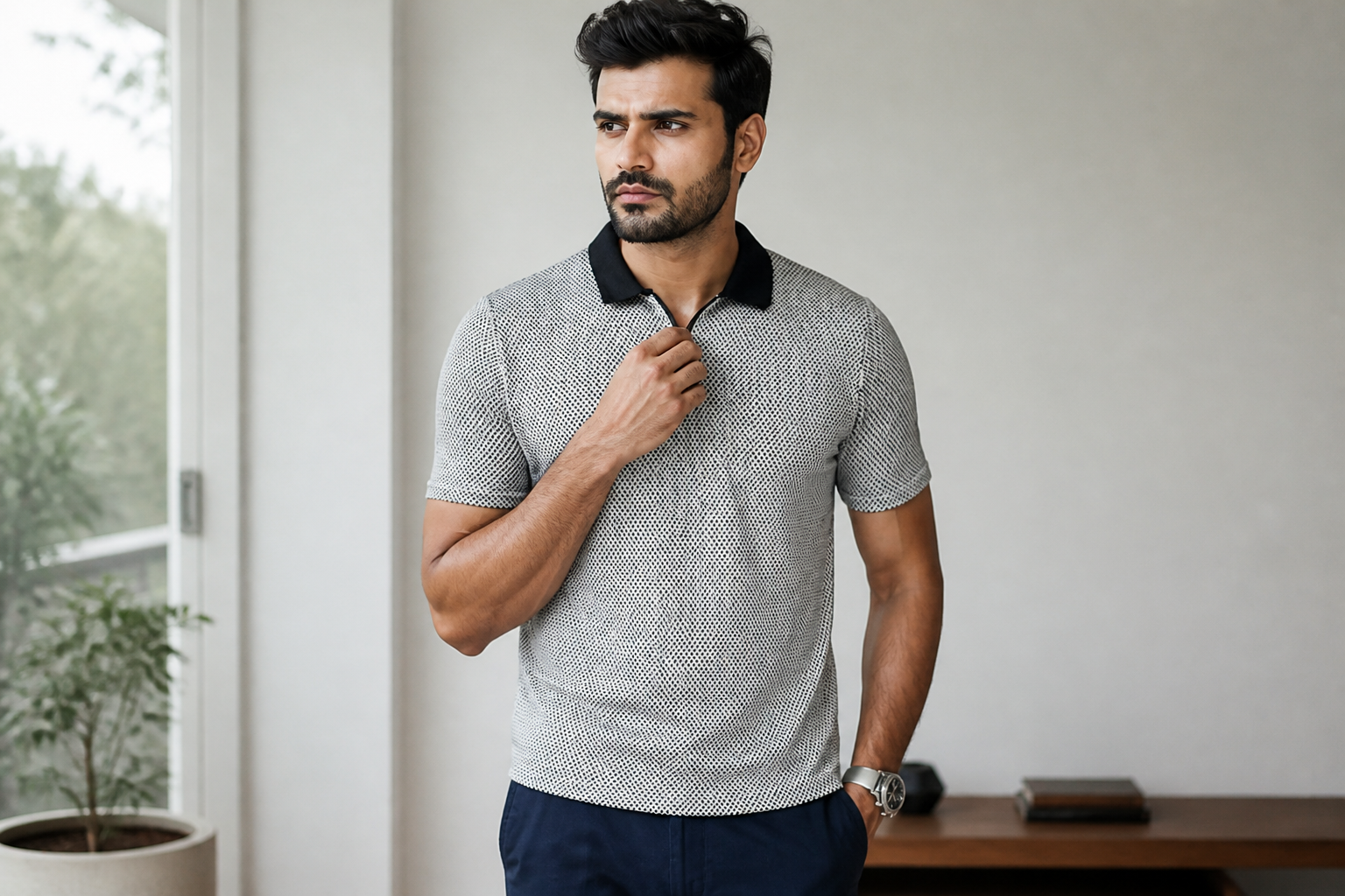 Close-up of the structured collar holding its crisp sharp shape after multiple washes, premium finish visible
