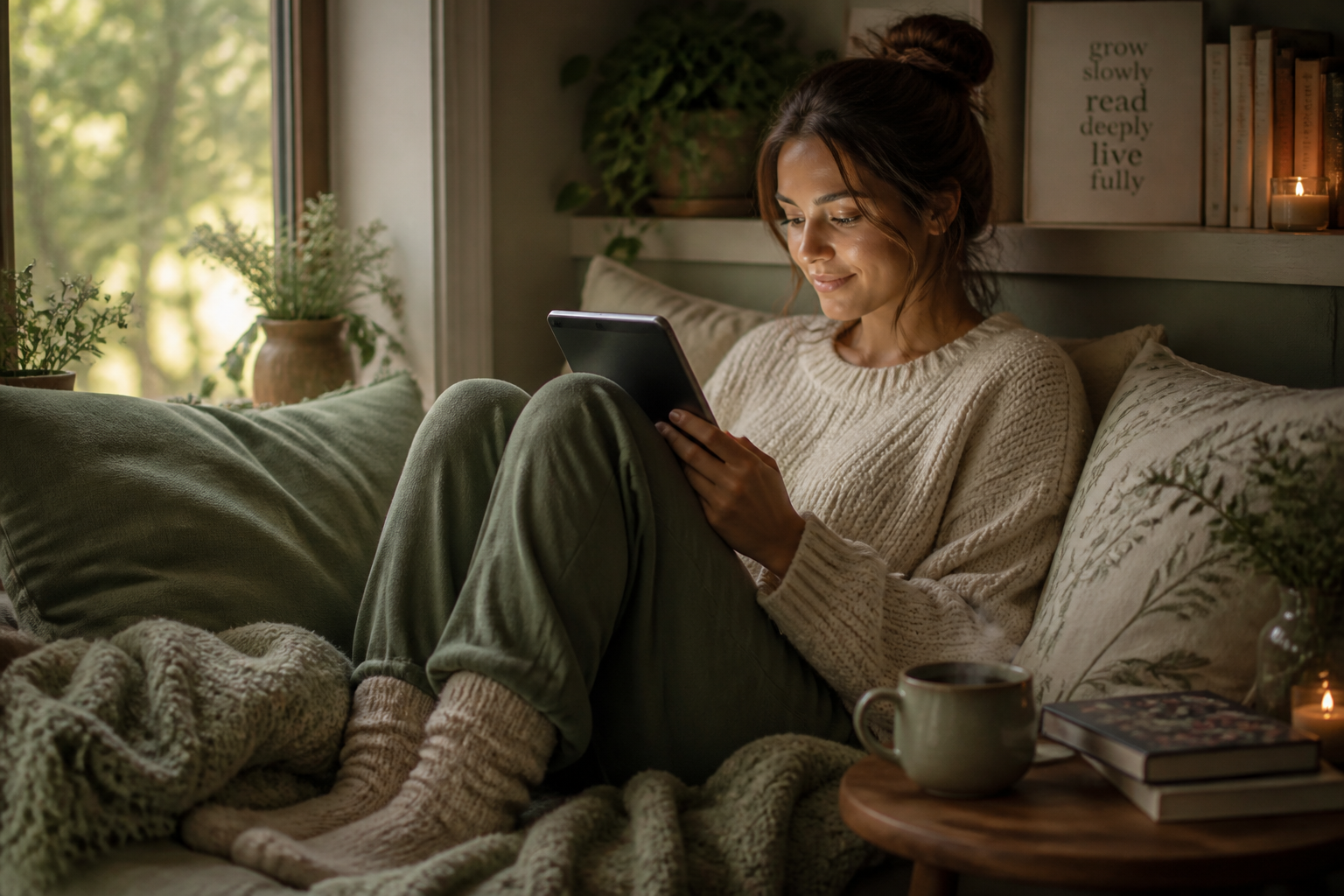 Warm lifestyle scene of a person curled up reading on a tablet in a soft cream and sage colored reading nook with a cup of tea nearby