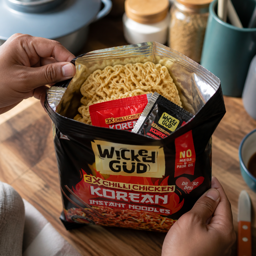 Open pack showing noodle blocks and seasoning packets inside the 3x chilli chicken instant noodles package