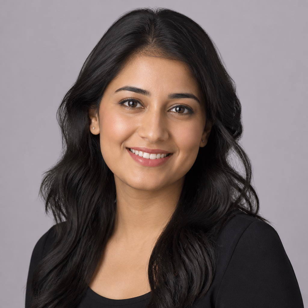 Portrait of a South Indian woman in her late twenties with shoulder-length dark hair, gentle smile, warm golden-hour lighting, soft bokeh background, approachable look