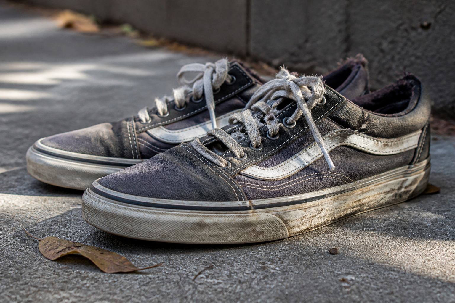 Close-up of a worn-out pair of old sneakers with flat soles, scuffed sides, and creased uppers sitting on a sidewalk