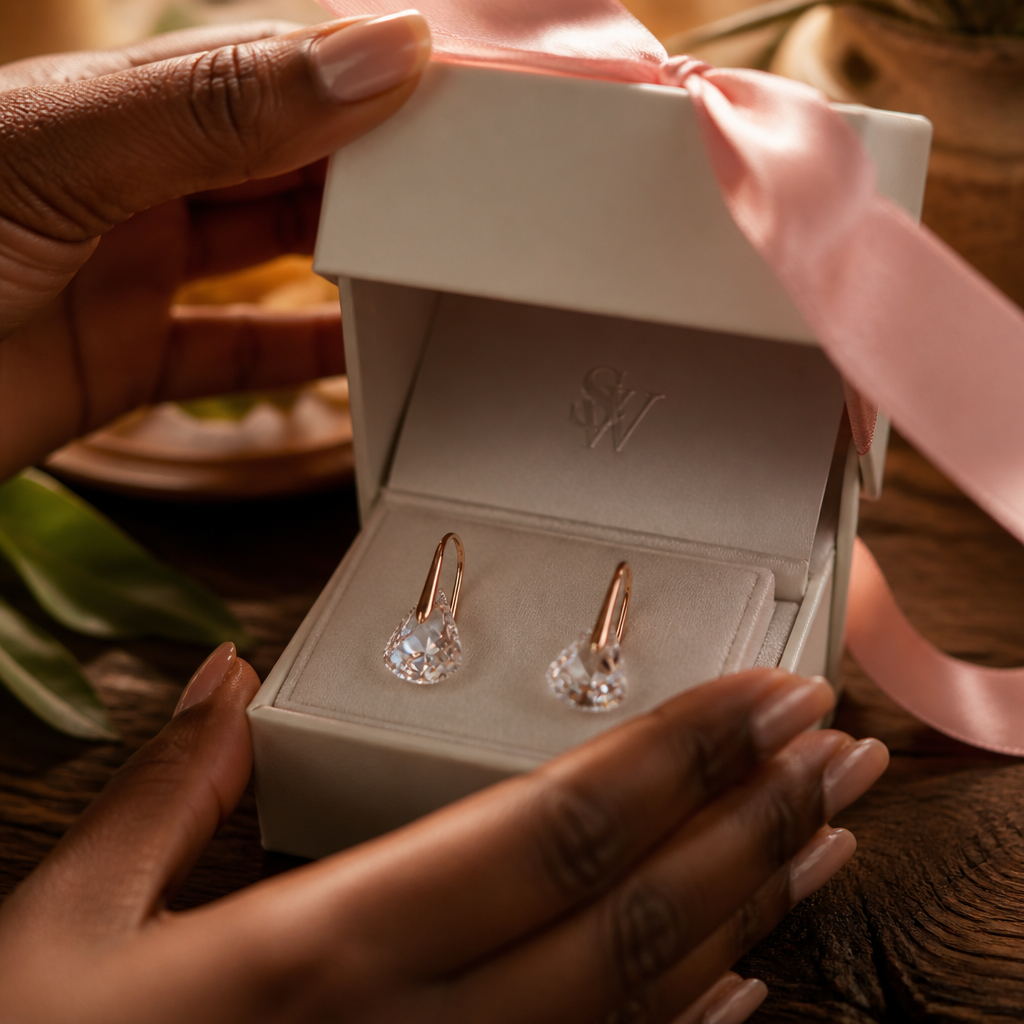 Elegant close-up photograph of hands opening a signature Swarovski box with the pink satin ribbon, soft focus on the crystal jewelry inside, warm heritage feel with wood and natural elements