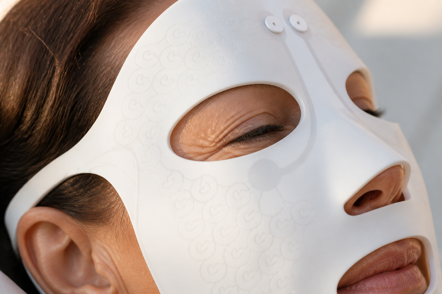 Electric Facial Massage Mask in elegant rose gold finish, displayed on soft pink background with gentle lighting