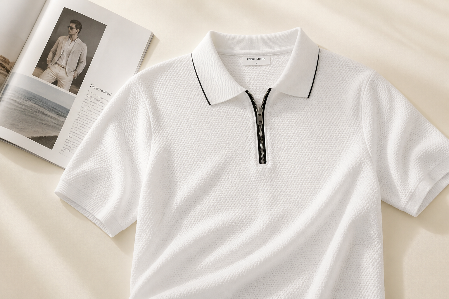 Editorial flat-lay of the Posh Monk flat-knit polo styled on warm cream background next to a folded magazine spread featuring premium menswear