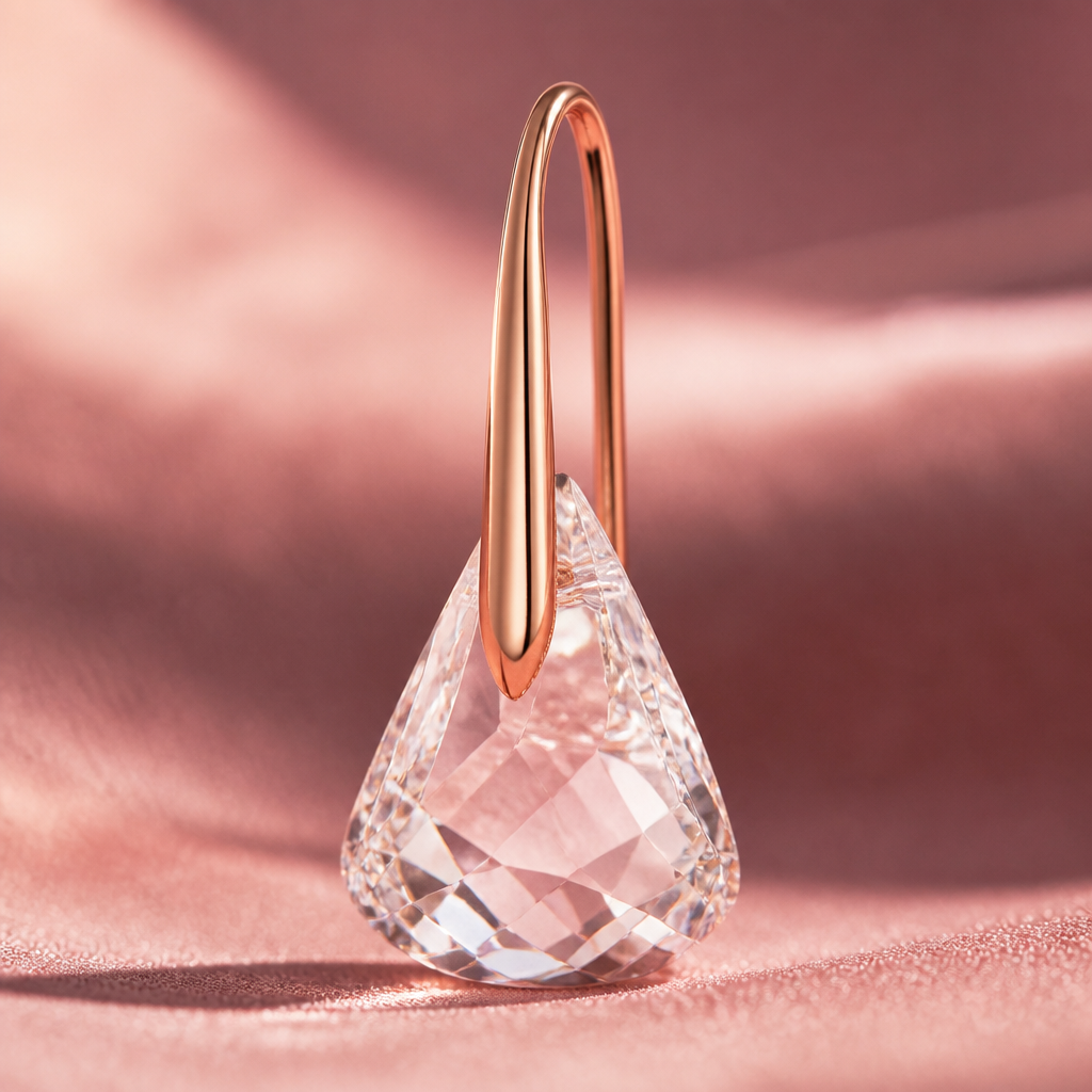 Detailed close-up of the Lunar pink drop earring showing the Toupie cut crystal facets catching the light, rose gold finish and setting clearly visible against a deep blush background