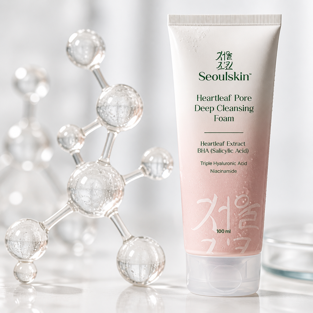 Salicylic acid molecular structure close-up - active BHA ingredient for deep pore cleansing, scientific blue lighting, detailed composition