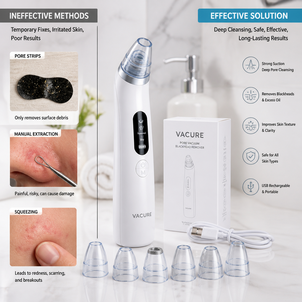 Split comparison showing ineffective blackhead removal methods like pore strips and poor extraction results versus clean professional extraction