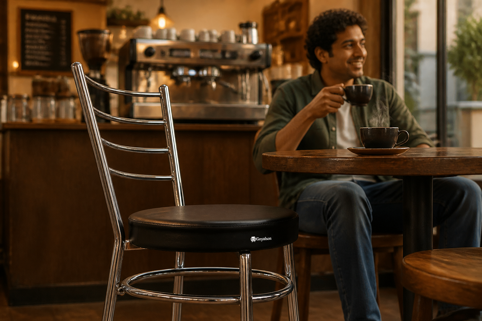 Black steel cushioned chair placed in a small cafe setting with espresso machine in the background, warm mood lighting and wooden tables.