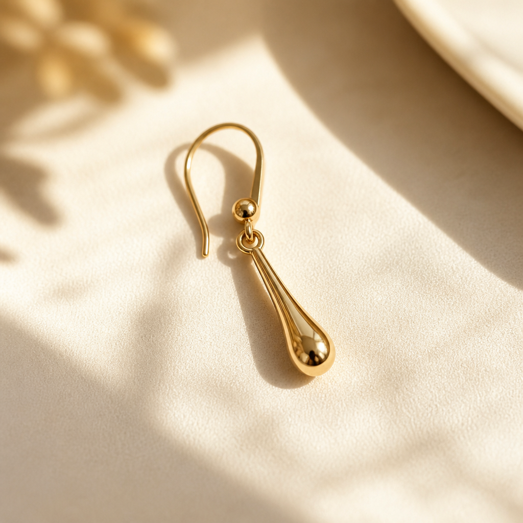 Single gold Lumen Hook earring on a soft cream surface with morning sunlight casting warm shadows across the delicate drop design