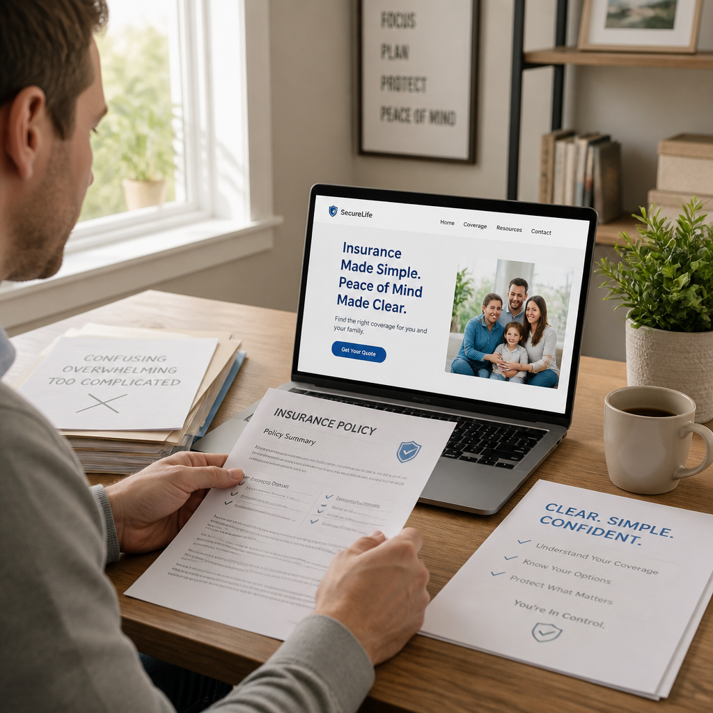 Split-screen showing a frustrated person surrounded by insurance papers transforming into a confident, smiling person holding organized insurance documents against a bright background