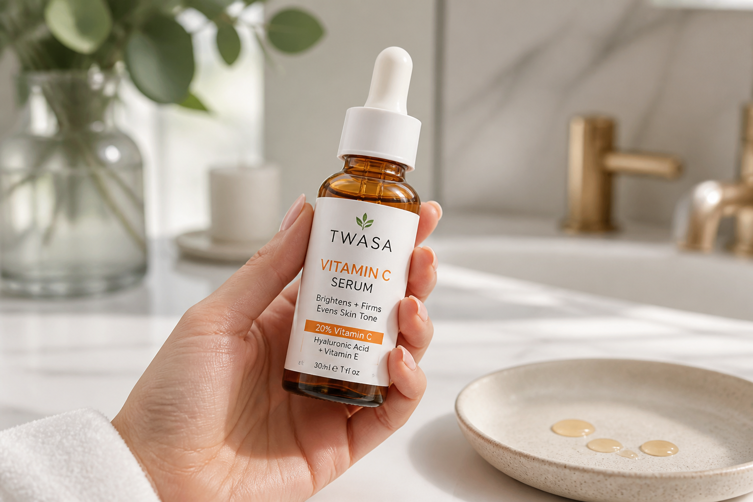 Side-by-side before and after glow comparison showing visibly brighter, more even-toned skin after consistent Twasa Vitamin C serum use
