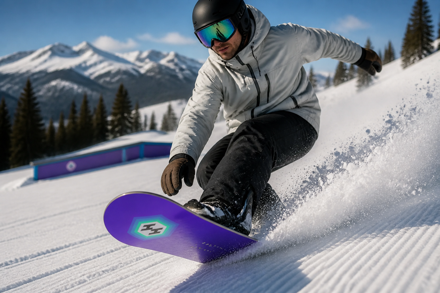 Action sequence collage showing snowboard carving through fresh powder, navigating groomers, and hitting a park feature — demonstrating the board's versatility across riding conditions