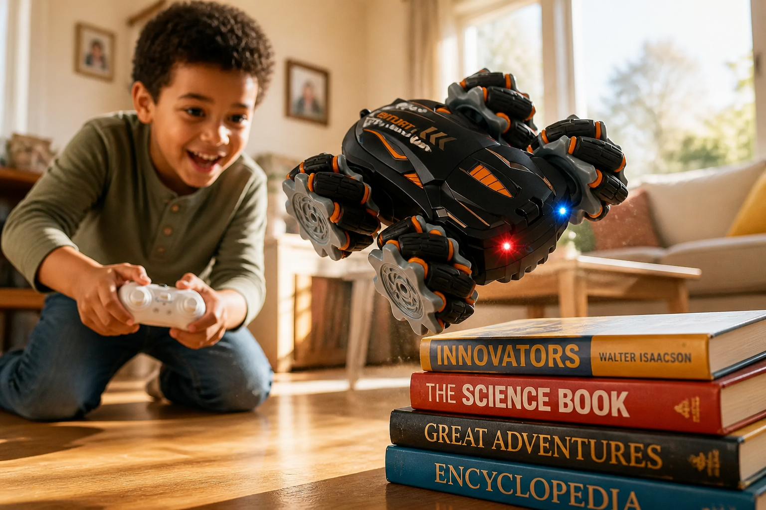 A joyful 8-year-old child grinning widely while racing a red GRAPHENE 4X4 drift car over a stack of books in a warm sunlit living room, the car captured mid-jump with a dust trail, family moments in the background