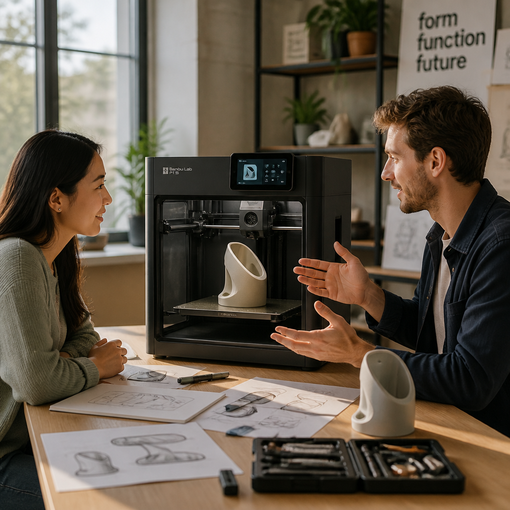Small business owner in a modern studio showing a freshly printed custom product prototype to a client in soft natural lighting