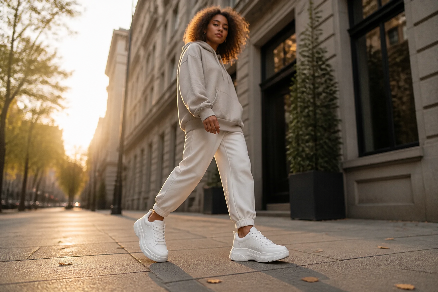 Wide cinematic hero shot of a confident young person wearing Nike Sneakers 3 while walking on a clean city street with soft golden morning light