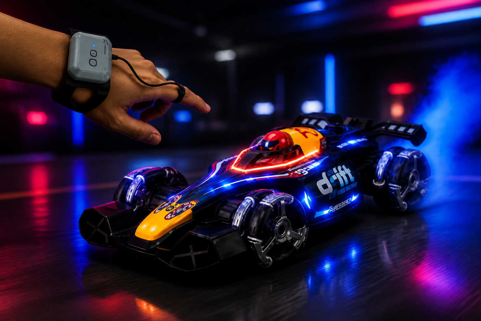 Close-up of a hand wearing a sensor watch gesturing forward while the GRAPHENE RC stunt car zooms ahead following the hand motion in a dark neon-lit room