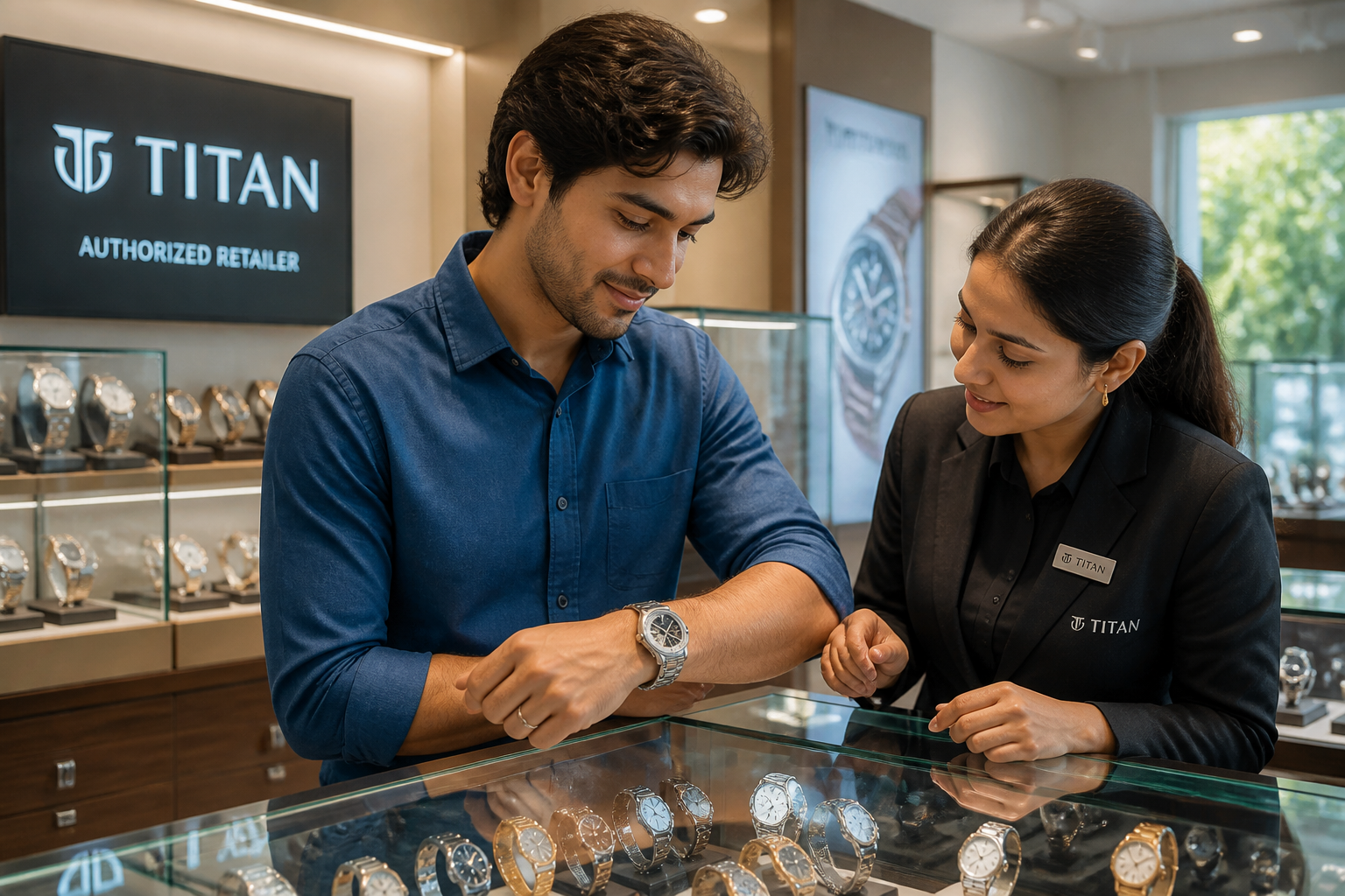 Wide shot of a Titan authorized retail showroom interior with display cases full of watches and a customer trying on a watch with assistance from staff