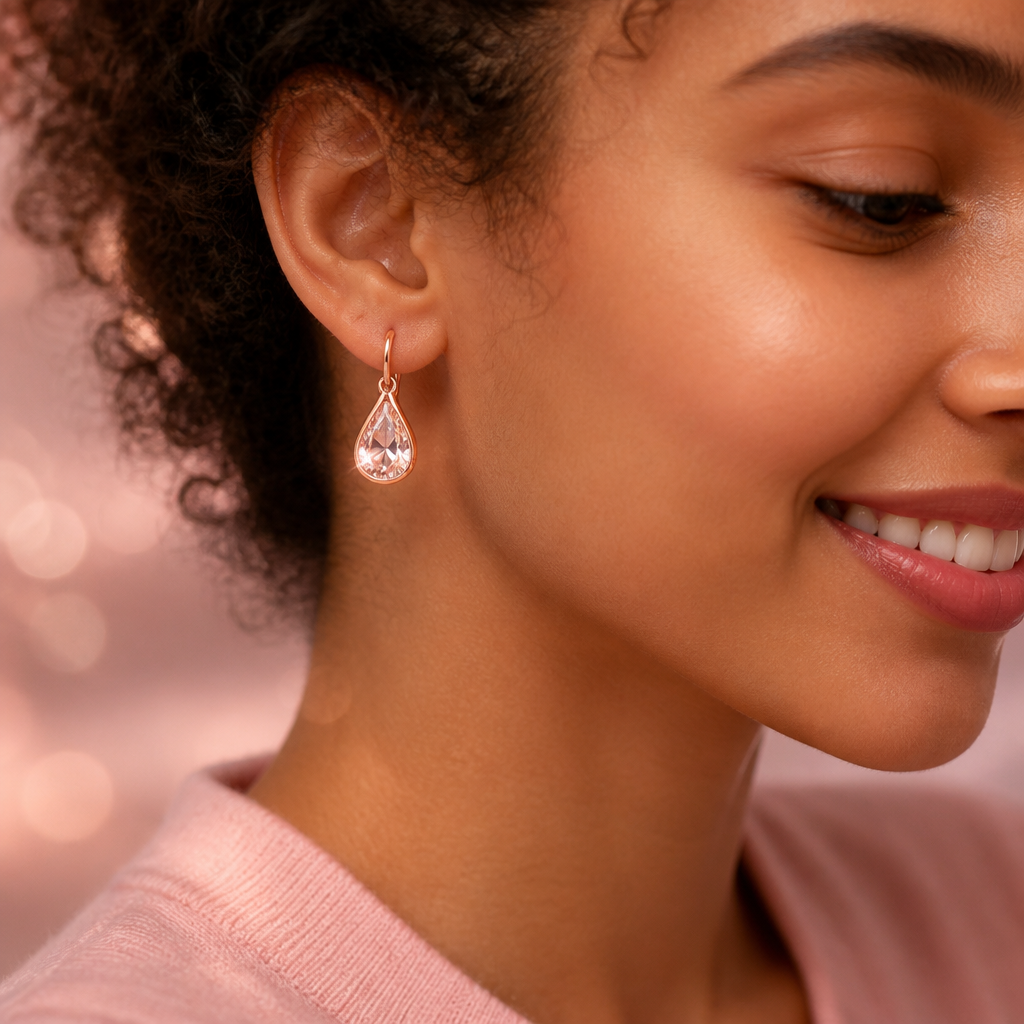 Close-up cinematic shot of pink Lunar Drop earrings sparkling against soft rose pink background with bokeh light reflections on crystal facets