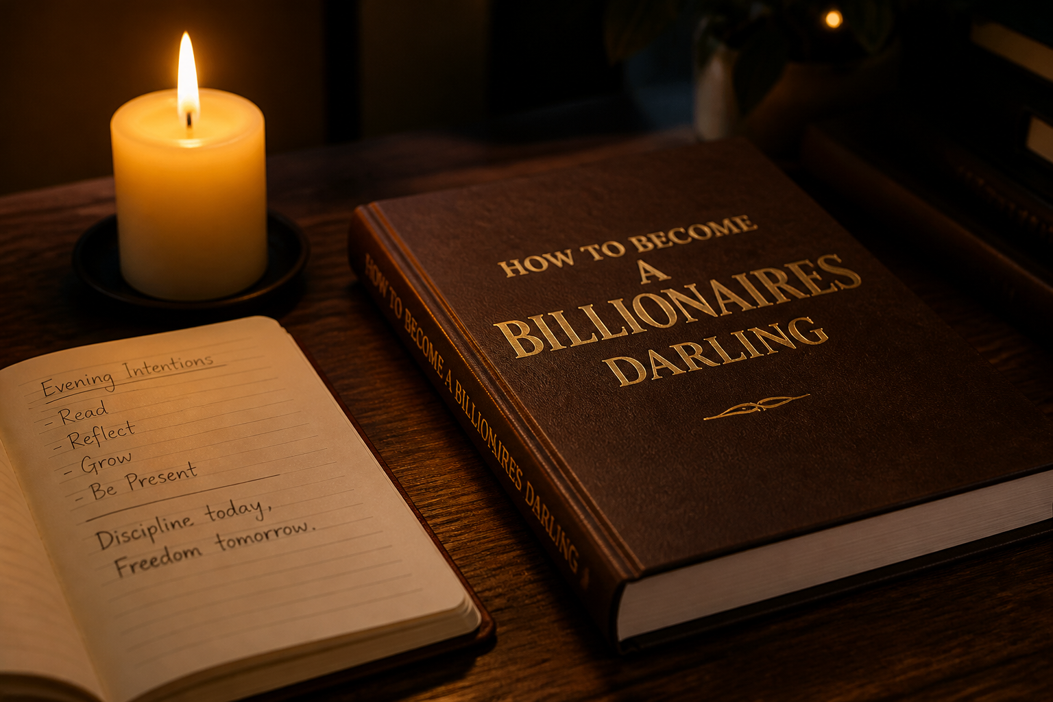 Still life of an open notebook, a single candle flame, and a hardcover book arranged like a quiet evening ritual on a dark wooden table