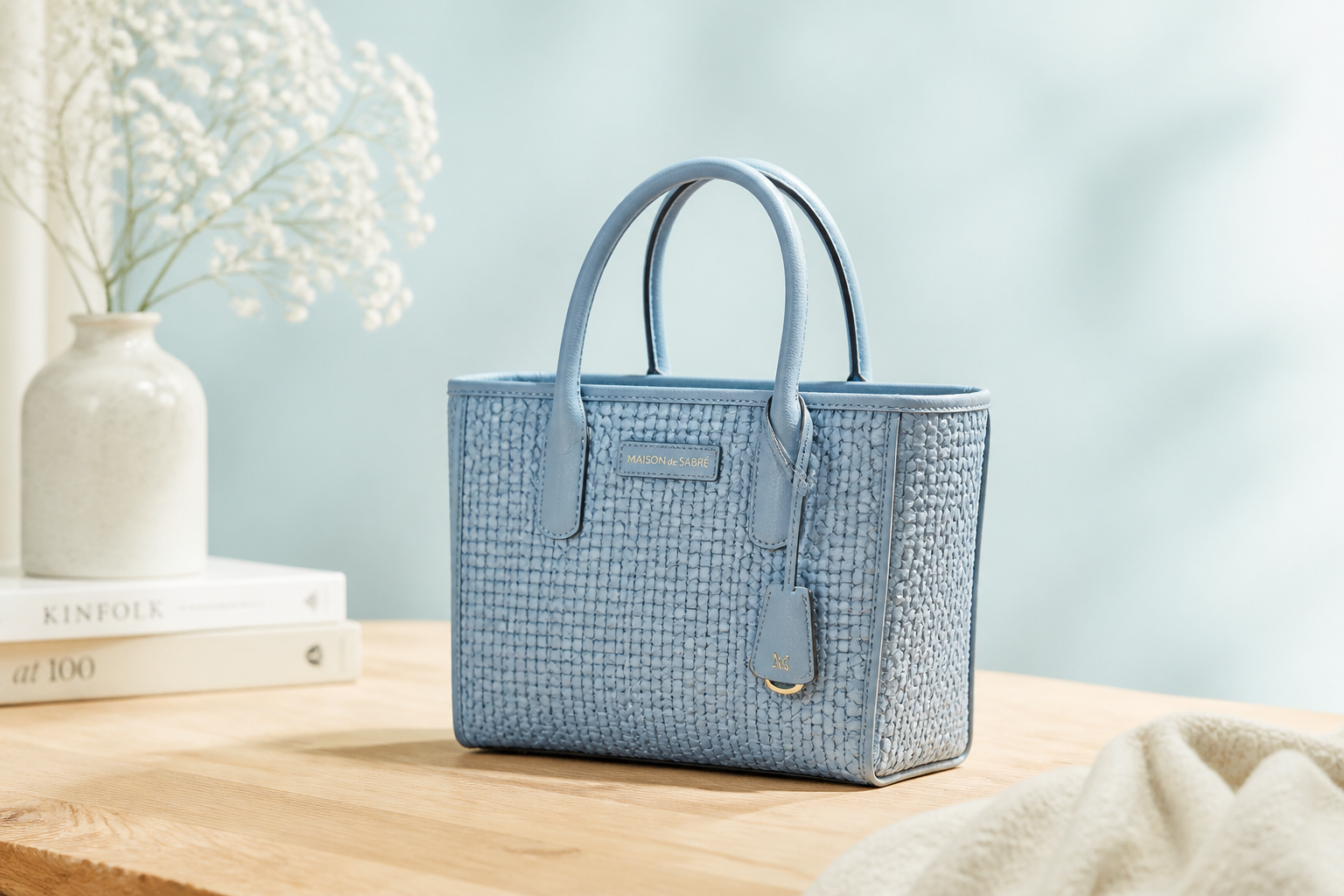 The Mini Azure woven tote with structured silhouette and beautiful woven finish, styled beautifully against a soft pastel background, looking elegant and refined