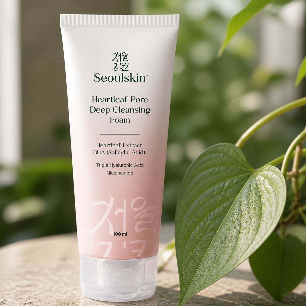 Fresh green heartleaf leaf macro close-up - natural botanical ingredient for skin calming, soft diffused lighting, centered on white background