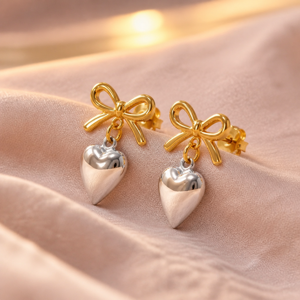 Close-up of rose gold and silver Love Heart Earrings on a soft blush surface, wrapped knot design visible with bright gold accent lighting