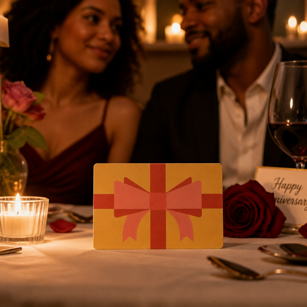 An anniversary dinner setup with a gift card as the centerpiece on an elegant table