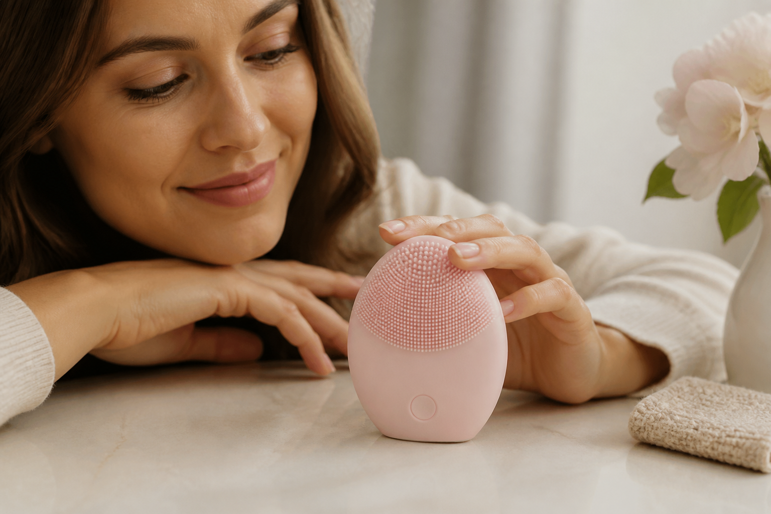 Before close-up of European woman's cheek area with visible small bumps, uneven tone and visible pores in soft natural lighting