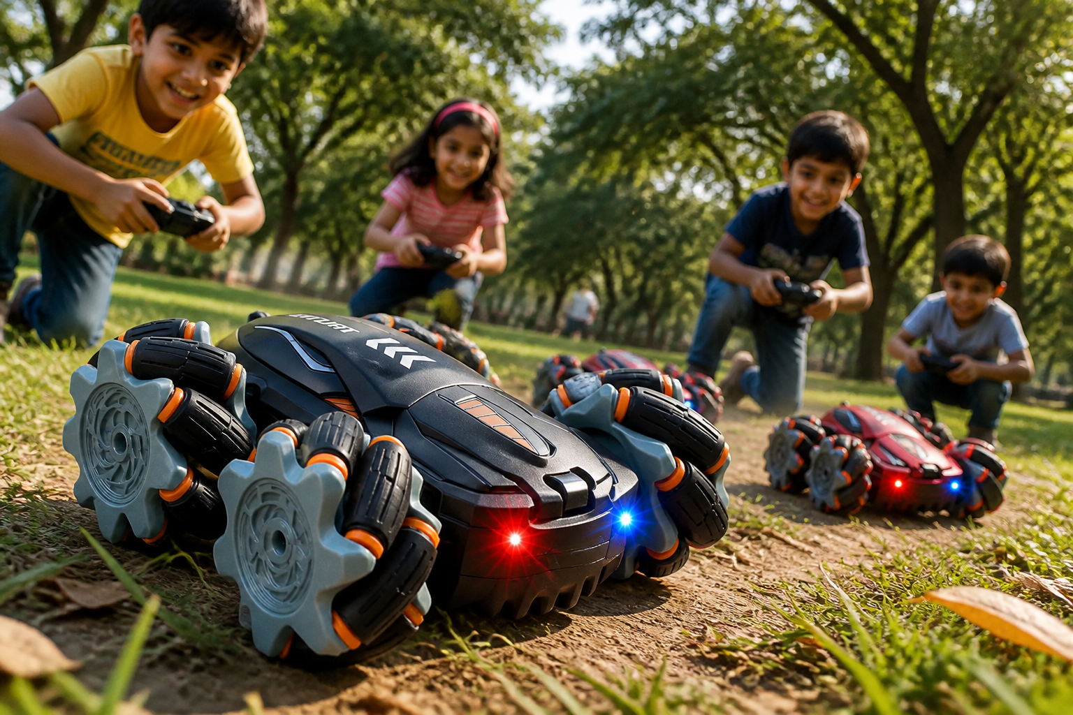 A group of excited Indian children racing red and black GRAPHENE 4X4 drift cars on a grassy park trail with trees in the background during a sunny afternoon