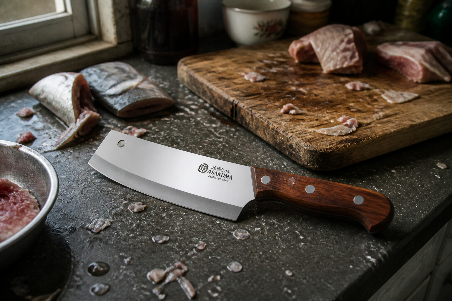 Kitchen counter showing jagged uneven cuts with scattered food particles and a struggling home cook