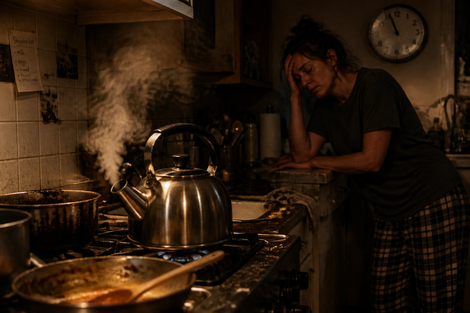 Exhausted home cook standing in a messy dimly lit kitchen at night staring at burnt pots on a stovetop with steam rising and a clock showing late evening hours in the background