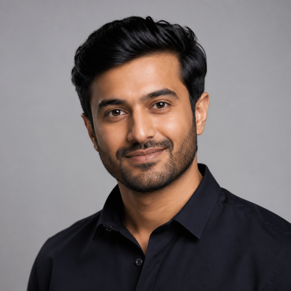 Cheerful portrait of a young Indian man with short dark hair smiling warmly in natural daylight, relaxed confident expression, clean background