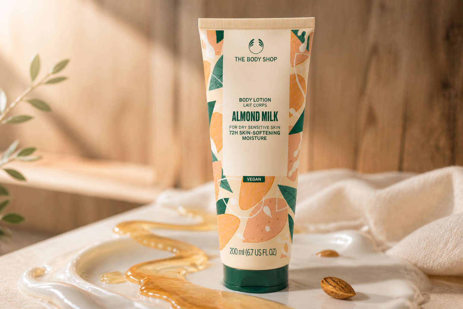 Product hero shot of Almond Milk Body Lotion 200ml tube and 500ml bottle standing together on a soft cream surface with rich almond milk swirls, golden honey drizzle, and warm woody backdrop