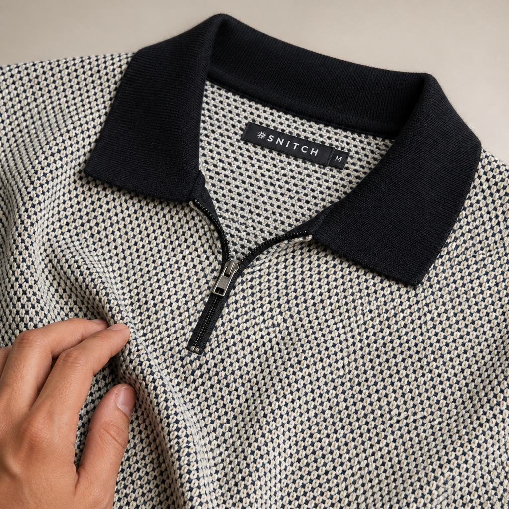 Geometric pattern detail of the flat-knit polo showing subtle multicolor design woven into premium cotton fabric