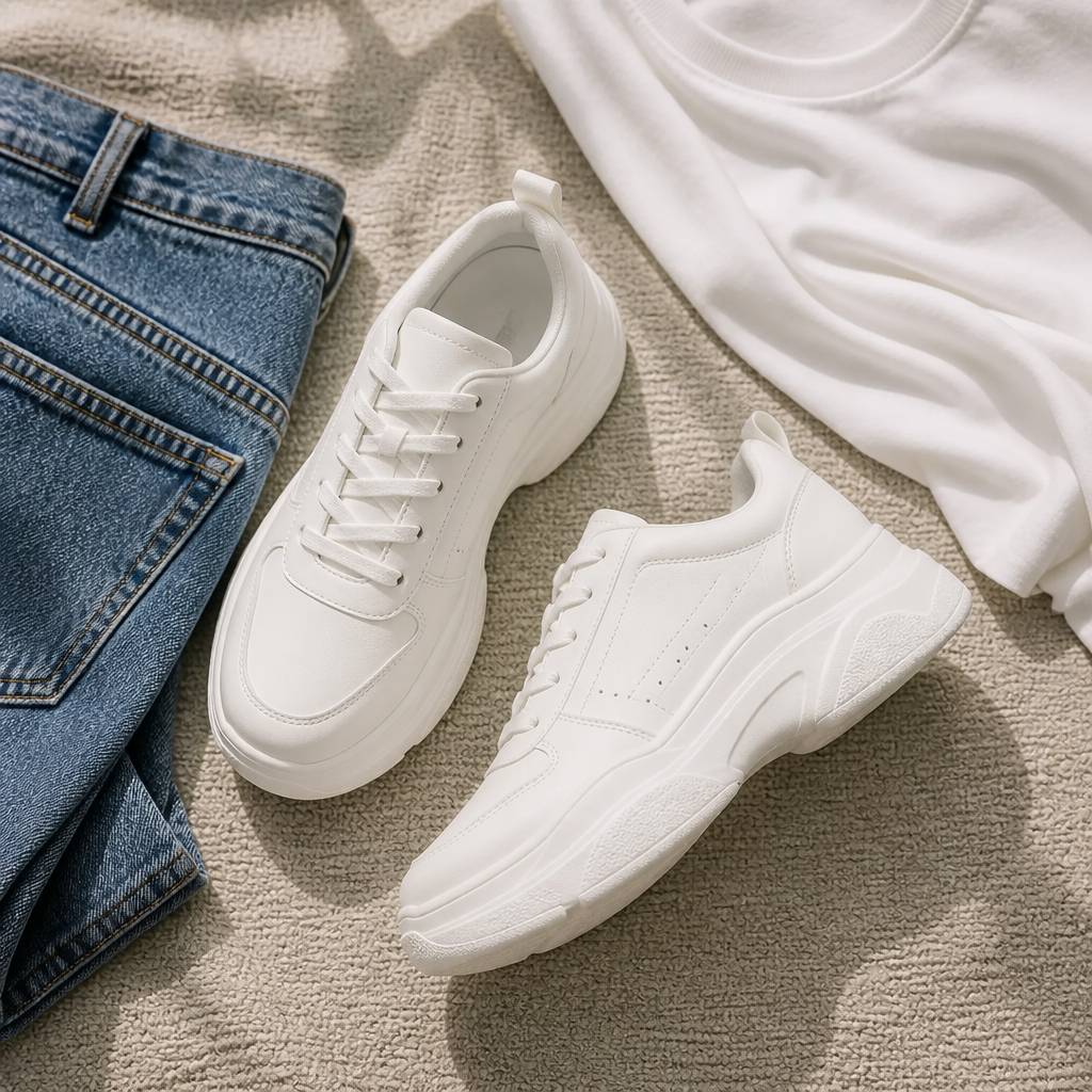 Flat-lay collage of Nike Sneakers 3 styled with casual blue jeans and a plain white t-shirt on a neutral textured surface with soft daylight