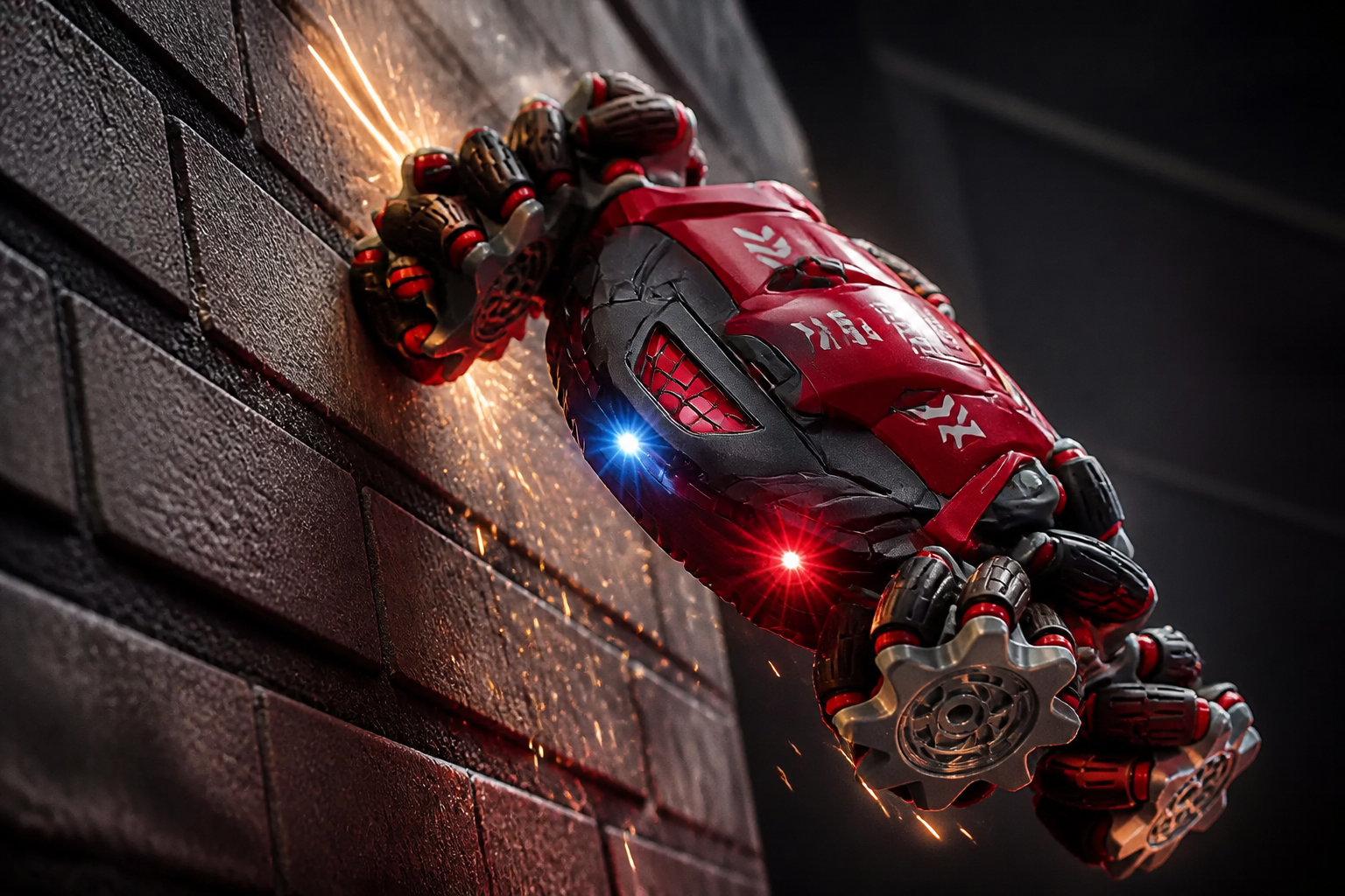 A rugged red and black GRAPHENE 4X4 drift car captured mid-climb on a textured brick wall, sparks flying, with bright LED lights on in a dramatic dark studio setting