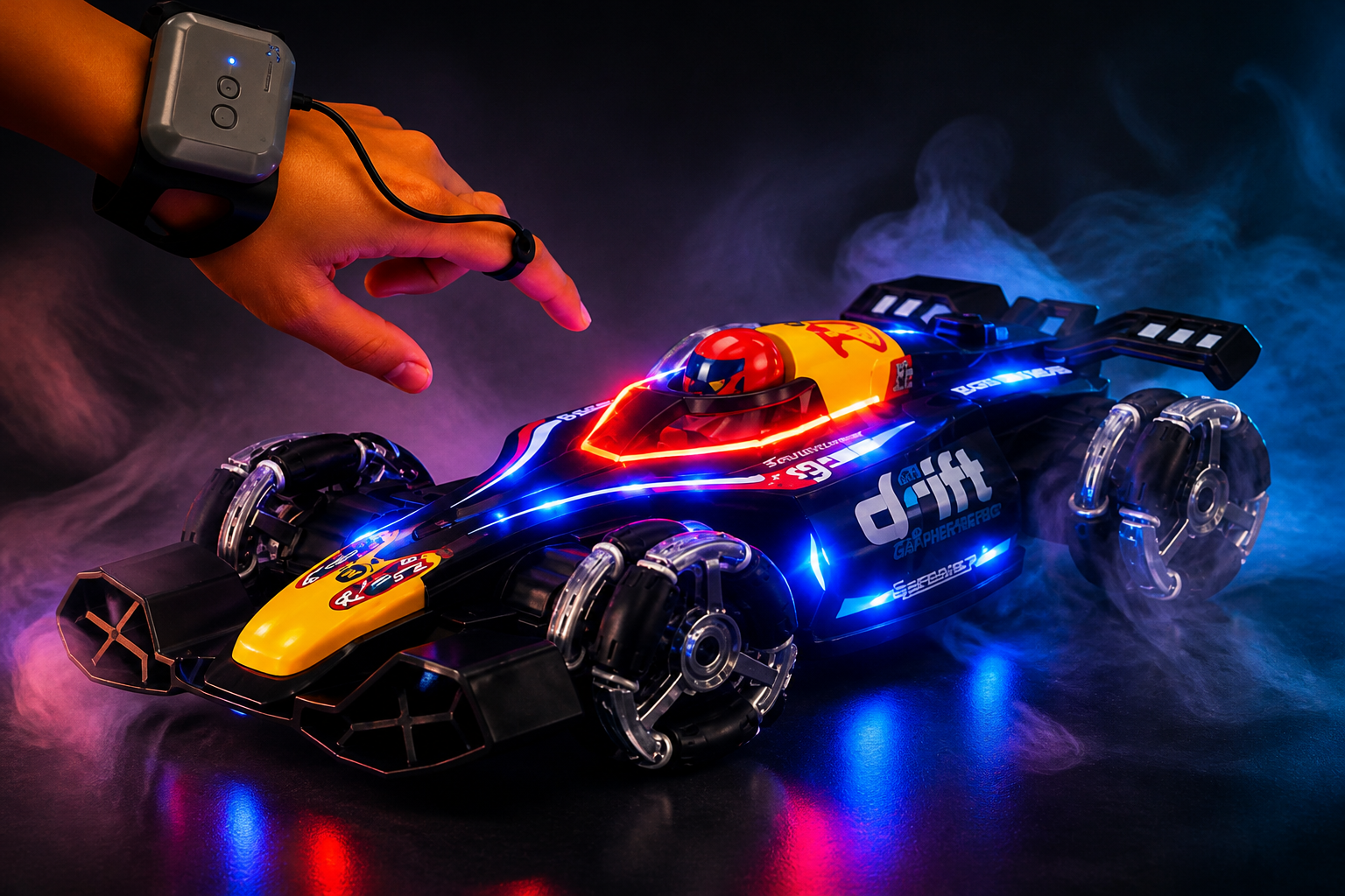 Dark room dramatically lit up by the GRAPHENE RC stunt car's RGB rainbow lights with real smoke puffing around the tires and floating music note icons around it