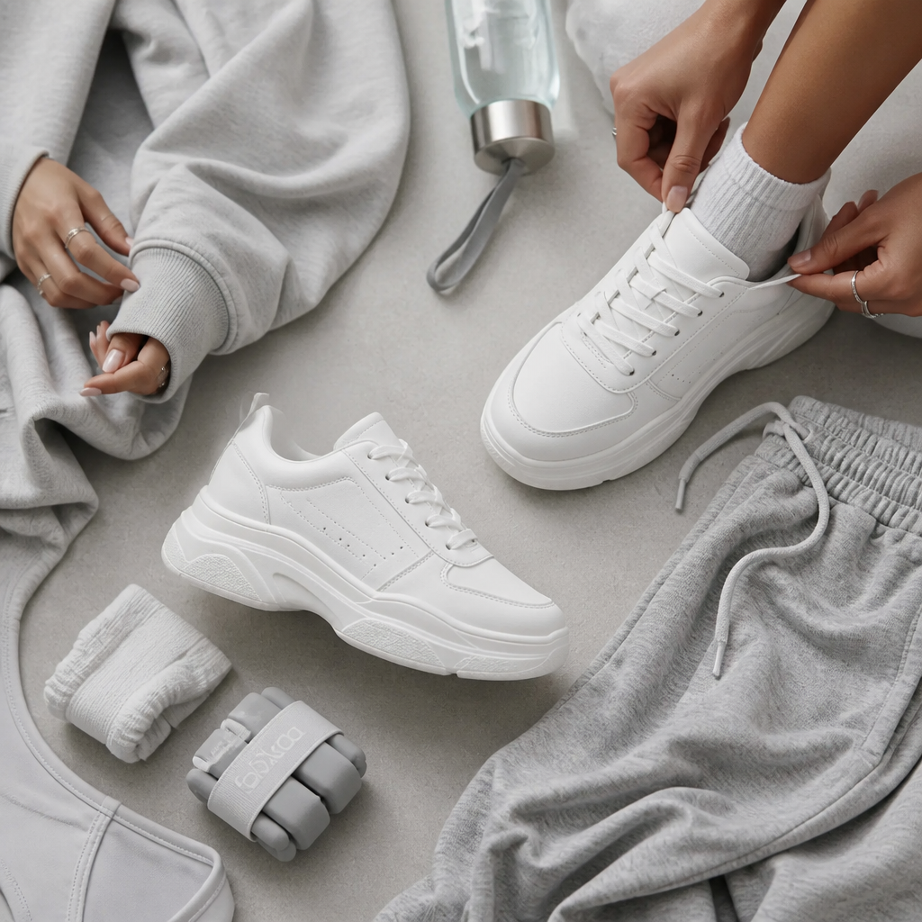 Flat-lay collage of Nike Sneakers 3 styled with a sporty athletic outfit including joggers, hoodie and gym accessories